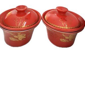 Chinese Gaiwan Red Gold Cup Saucer Bowl Lid Kung Fu Tea Set for 2 EUC
